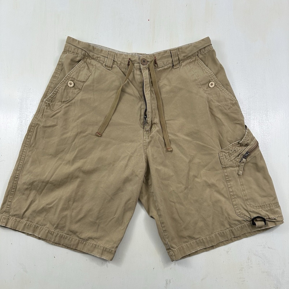 VTG Plugg Mens‎ Cargo Shorts 33 Beige Drawstrings Distressed Y2K Russia Tag 34
